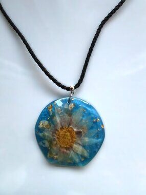 Handmade Daisy Blue Resin Pendant on Black Braided Leather Adjustable Necklace